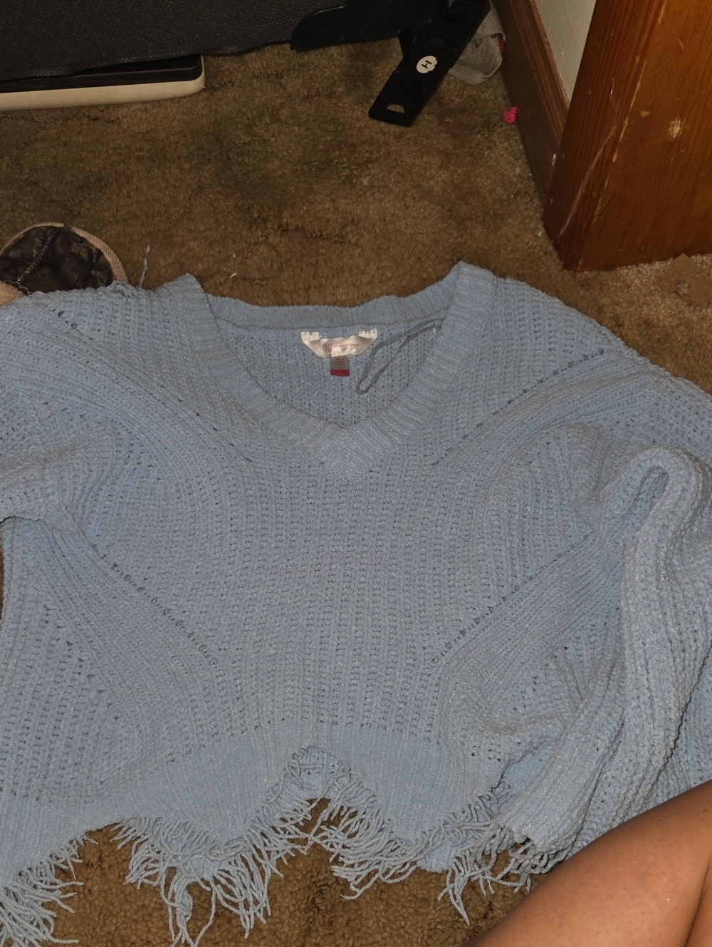 No Boundaries Light Blue V-Neck Fringe Knit Sweater